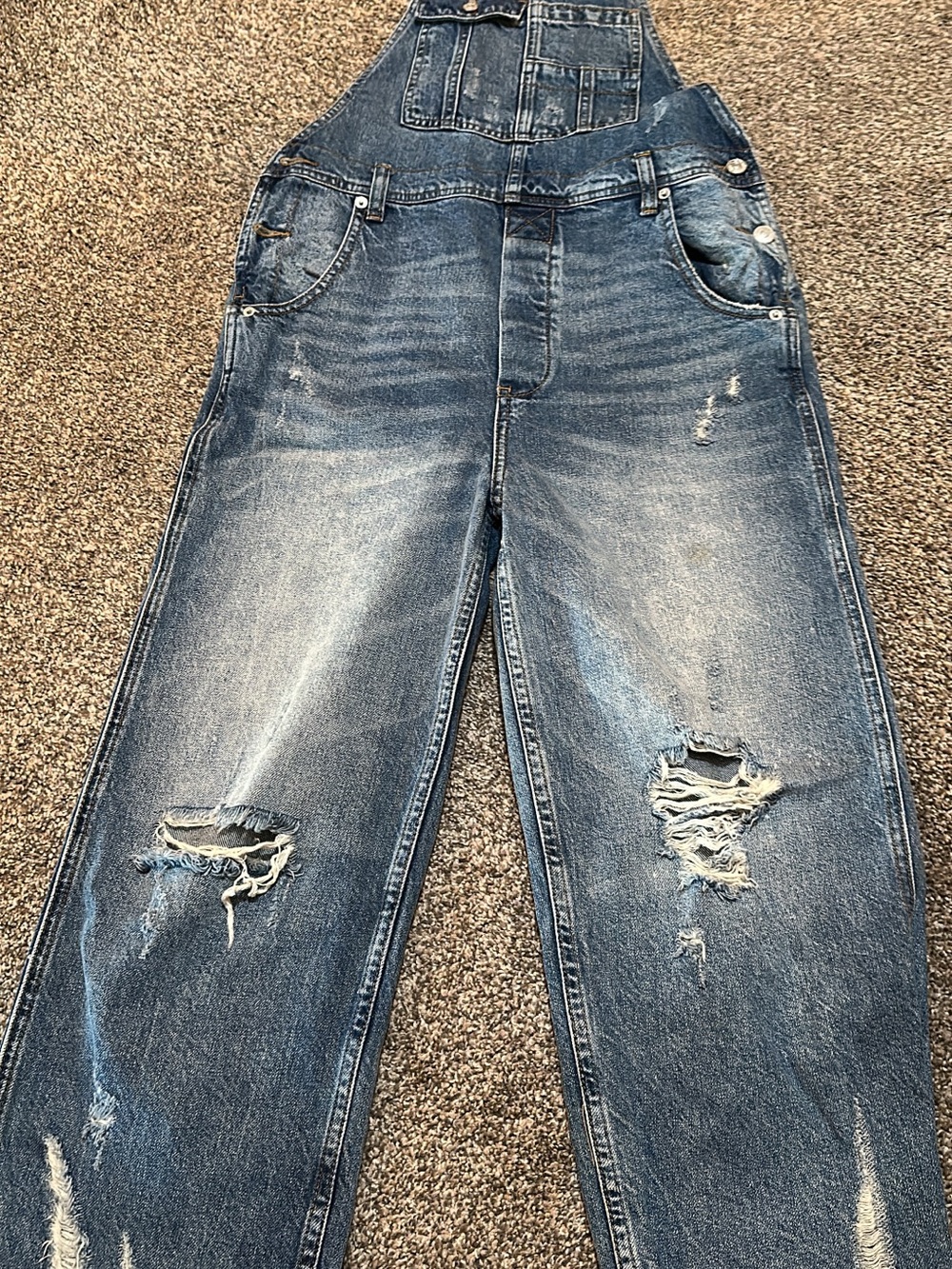 Free People Distressed Denim Overalls - Washed Blue